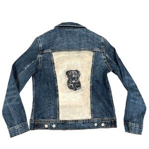 Women’s Hand Painted Jean Denim Jacket Black Lab Dog‎ Labrador Size Small